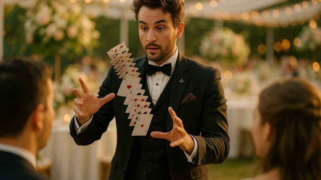 Un magicien à Rouen surprend les invités avec un tour de cartes pendant un mariage.